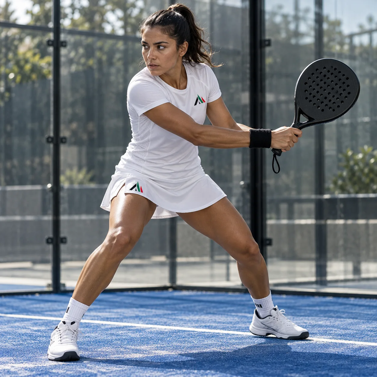 Jugadora con el uniforme blanco de AJPPM preparando un revés