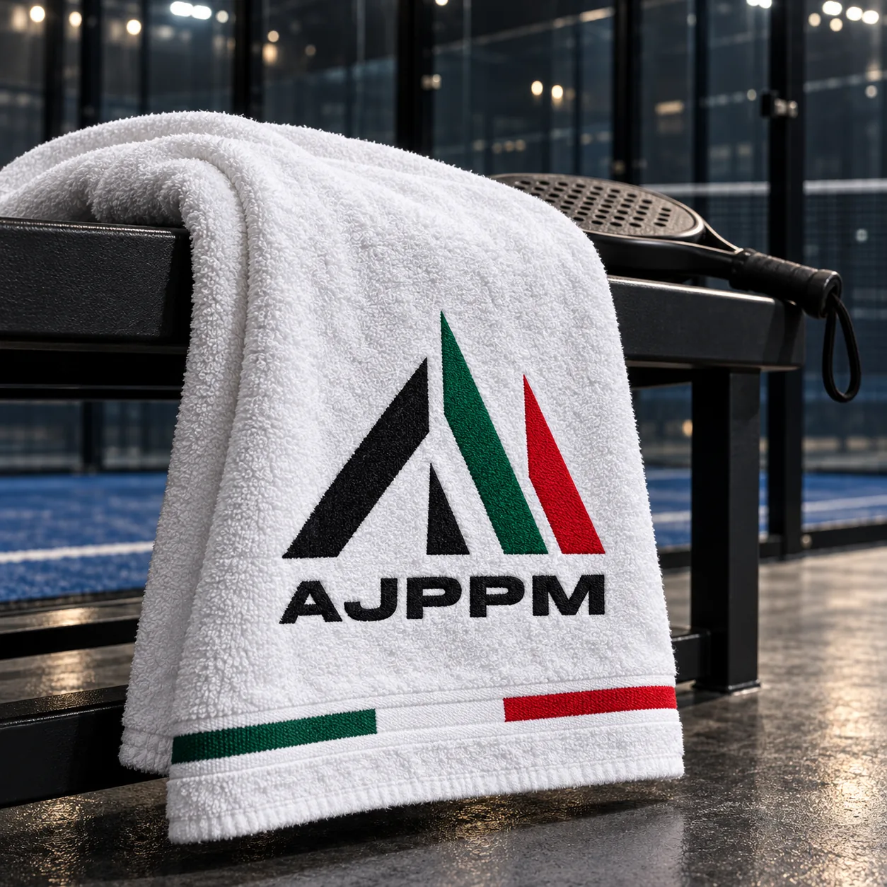 Toalla blanca con la firma vertical AJPPM y la franja tricolor
