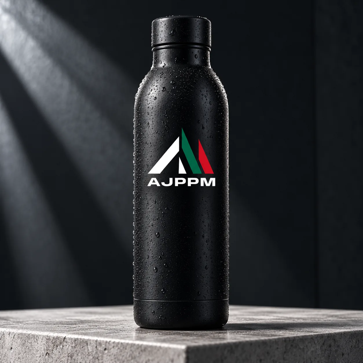 Termo negro con la firma vertical AJPPM