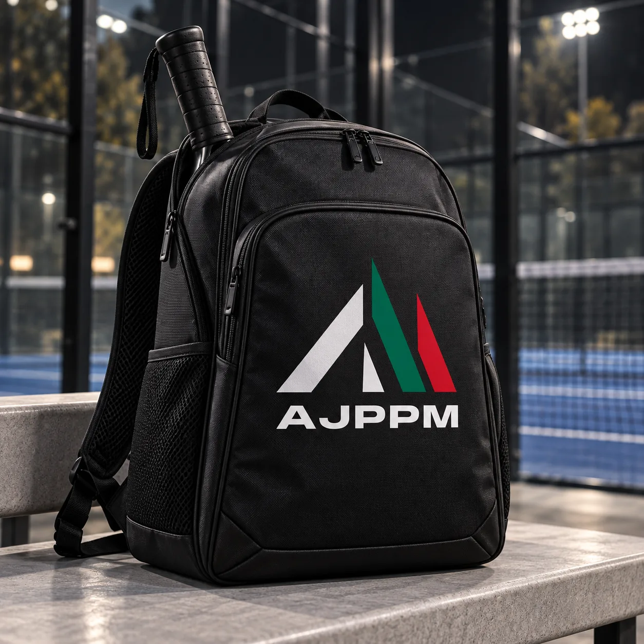Mochila de pádel negra con la firma vertical AJPPM