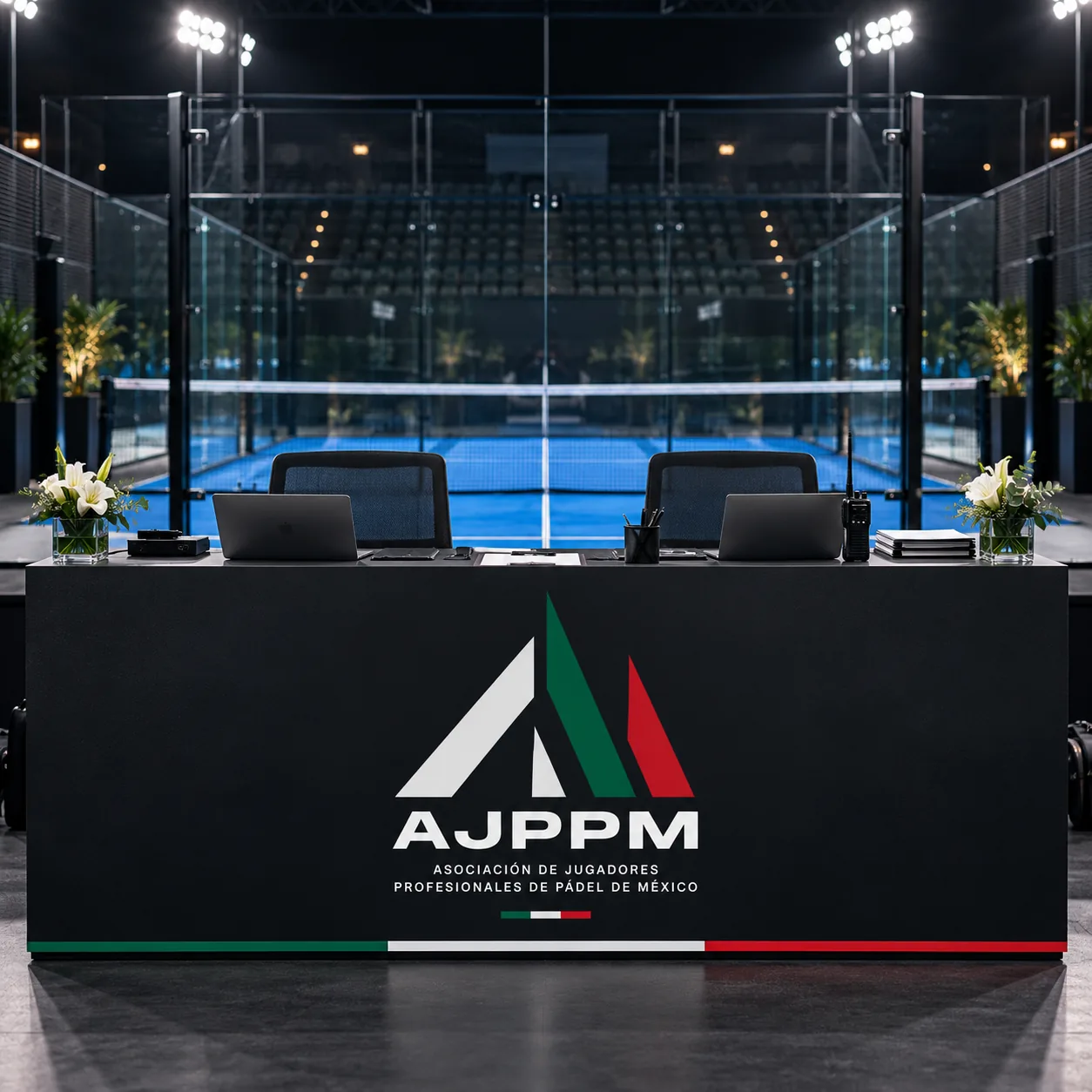 Mesa de control de torneo con la firma AJPPM