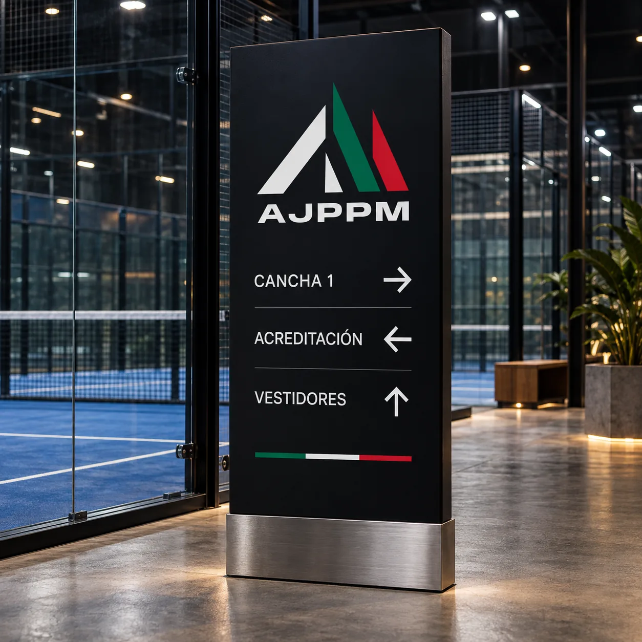 Tótem de señalización negro con la marca AJPPM y direcciones a cancha, acreditación y vestidores